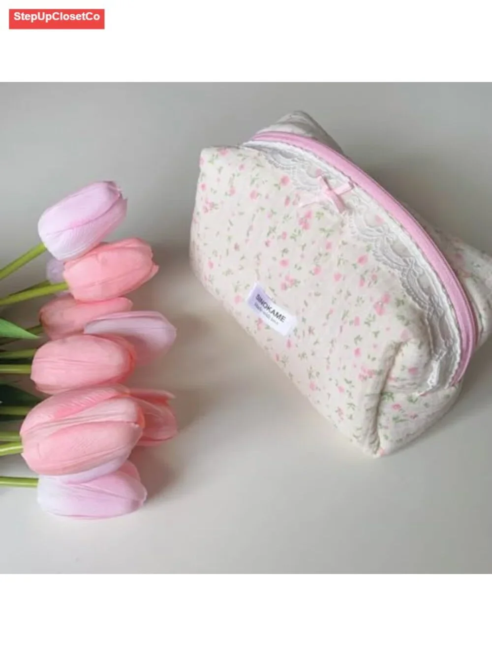 Handmade Quilted Cotton Makeup Bag Floral Bow Cute Cosmetic Pouch
